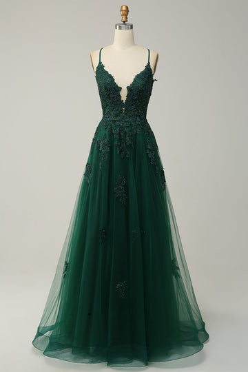A Línea Correas de Espagueti Verde Oscuro Vestido de Graduación